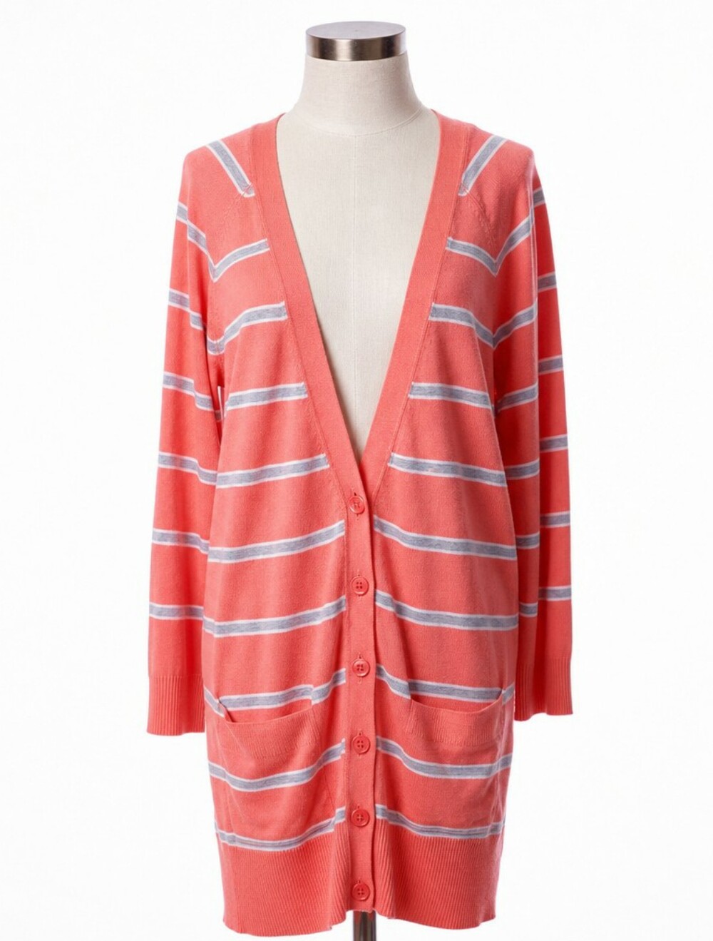 Mossimo Coral Gray Stripe Boyfriend Cardigan | Longline Knit Sweater | LARGE